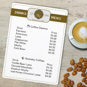 Menu personnalisé de boissons pour café profession