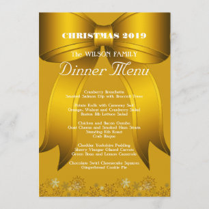 Menu personnalisé de Noël en or pour le dîner