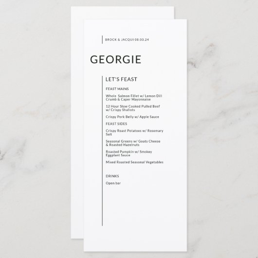 Menu Personnalisé en noir sur blanc Mariage de noms iso (Devant / Derrière)