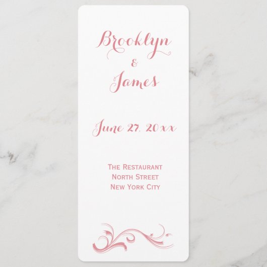 Menu Personnalisé Mariage Blanc Et Rose (Dos)