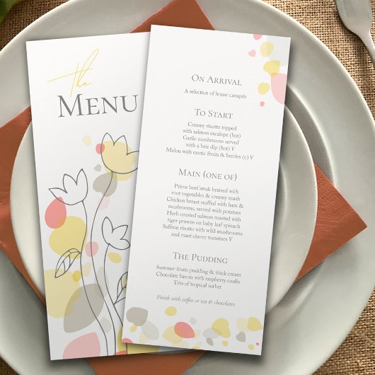 Menu Pétales de fleurs confetti modernes jaune 4 plats