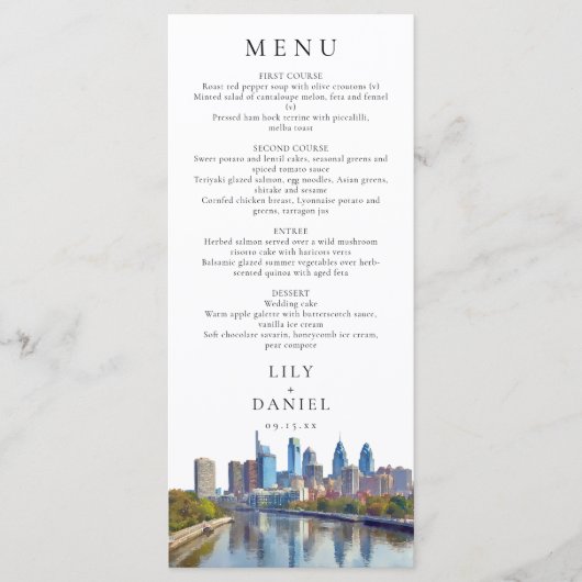Menu Philadelphia Skyline Watercolor Elegant Wedding (Devant)
