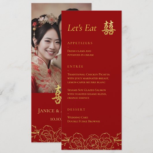 Menu Photos florales or couple mariage chinois réceptio (Devant / Derrière)