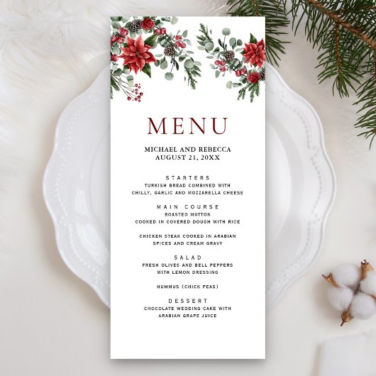 Menu Pine Rustique Poinsettia Floral Mariage de Noël