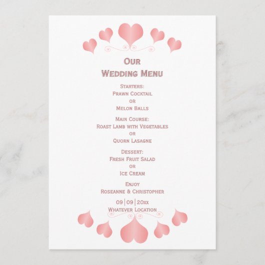 Menu Pink Hearts Design Wedding (Devant)