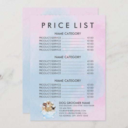 Menu Pink Pet Groomer assis Chien Chat Spa Prix (Devant / Derrière)