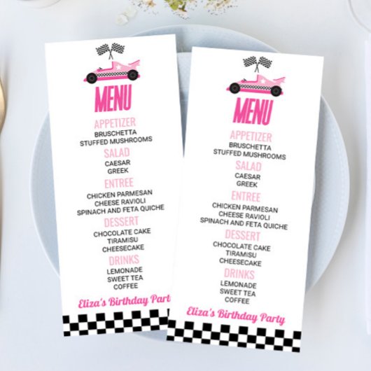 Menu Pink Race Car Anniversaire Fête Nourriture