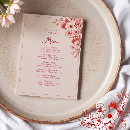 Menu Pink Red Floral Elegant Wedding