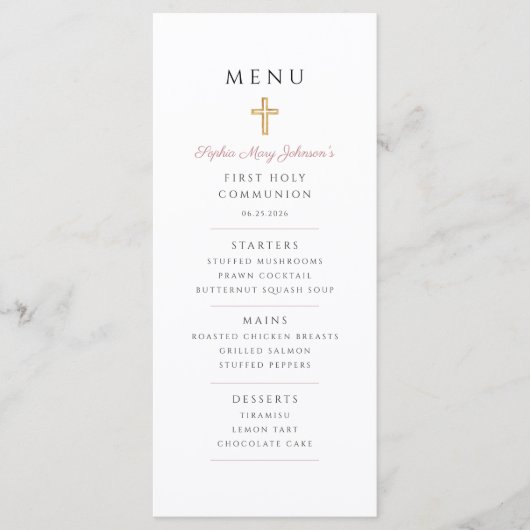 Menu Pink Script Girl First Communion (Devant)
