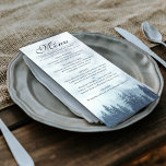 Menu Pins bleus foncés, Mariage d'élégance rustique<br><div class="desc">Ce menu mariage est simple,  rustique et élégant. Il est doté d'un titre de calligraphie de script sophistiqué avec une montagne boisée toile de fond pins d'épinette bleue entourés de brume ou de brouillard. Le dos est une couleur verte de forêt marbrée profonde. Parfait pour une réception extérieure.</div>