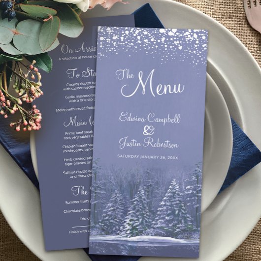 Menu Pins bleus peint blanc neige mariage d'hiver