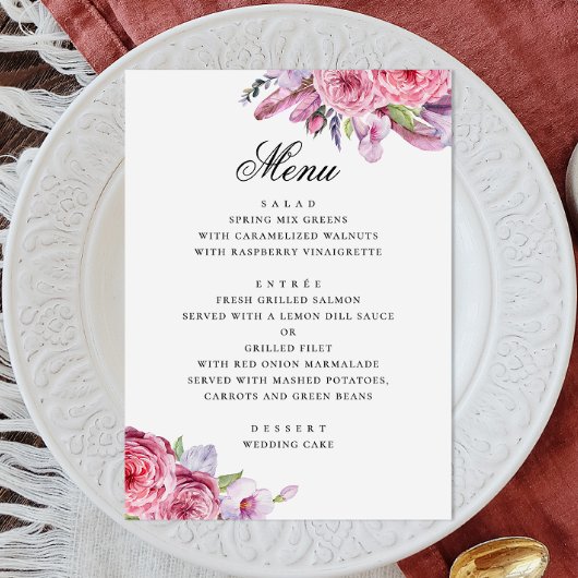 Menu Pivoine. Aquarelle rose boho floral mariage jardin