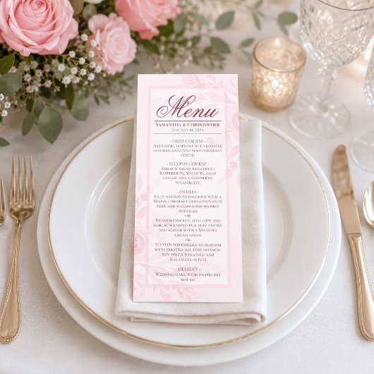 Menu Pivoines aquarelles roses Élégant Mariage Bohème C