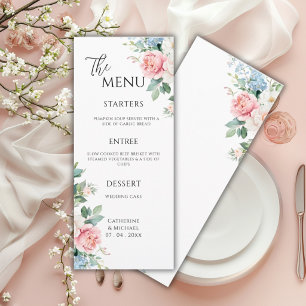 Menu Pivoines Florales Roses et Bleues Élégant Mariage