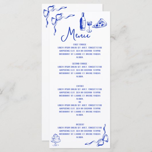 Menu Pizza & Vin Levés à la main en gros bleu (Devant / Derrière)