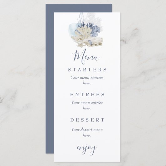 Menu Plage côtière bleu mariage (Devant / Derrière)
