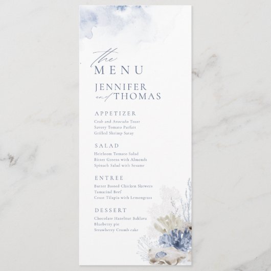 Menu Plage de corail et coquillages d'aquarelle bleu Ma (Devant)