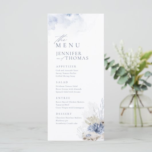 Menu Plage de corail et coquillages d'aquarelle bleu Ma (Debout devant)