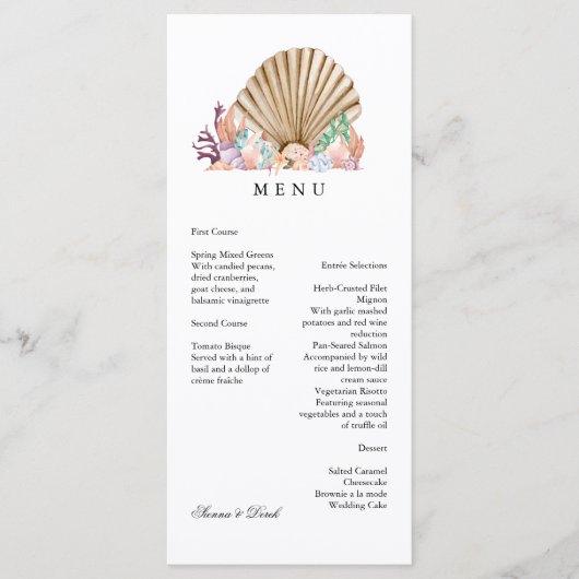 Menu Plage de Coral & Seashell Mariage (Devant)