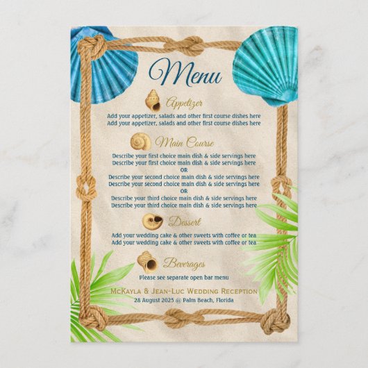 Menu Plage Mariage Corde Réception Dîner Cours (Devant)