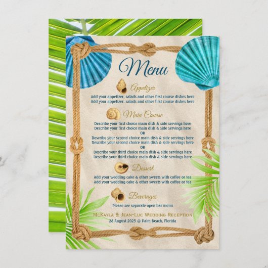 Menu Plage Mariage Corde Réception Dîner Cours (Devant / Derrière)