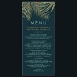 Menu Plage moderne Palm Gold Turquoise Mariage tropical<br><div class="desc">Pour notre mariage tropical de plage conçu, nous avons imaginé un côté de mer serein et glamour décoré pour un mariage tropical chic sans détails luxueux négligé. Nous voyons des frondes de palmiers verts agitant dans la brise qui inspire les couleurs turquoise foncé, bleu et vert mer avec une touche...</div>