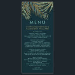 Menu Plage moderne Palm Gold Turquoise Mariage tropical<br><div class="desc">Pour notre mariage tropical de plage conçu, nous avons imaginé un côté de mer serein et glamour décoré pour un mariage tropical chic sans détails luxueux négligé. Nous voyons des frondes de palmiers verts agitant dans la brise qui inspire les couleurs turquoise foncé, bleu et vert mer avec une touche...</div>