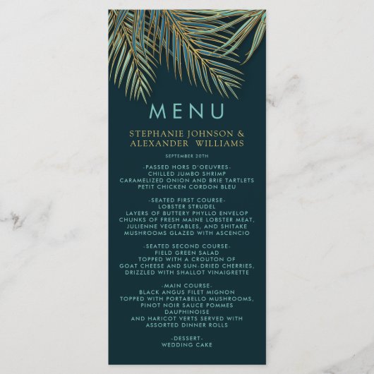 Menu Plage moderne Palm Gold Turquoise Mariage tropical (Devant)