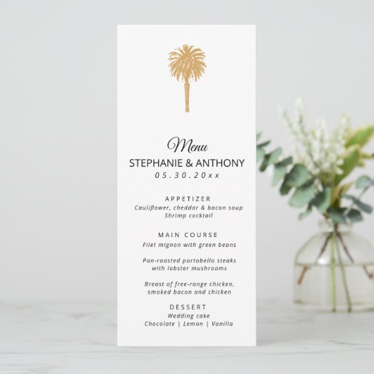 Menu Plage tropicale Gold Palm Tree Destination Mariage (Debout devant)