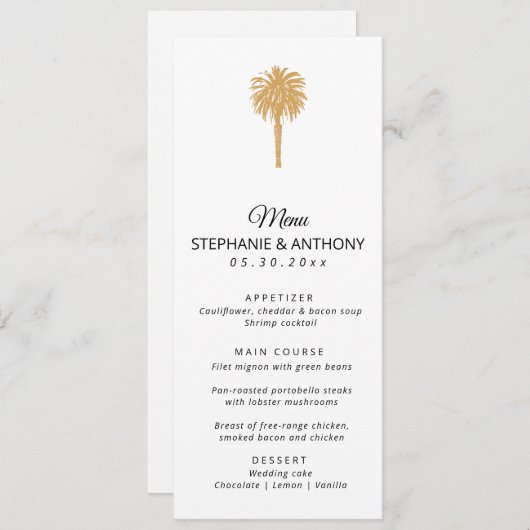 Menu Plage tropicale Gold Palm Tree Destination Mariage (Devant / Derrière)
