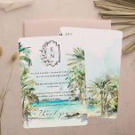 Menu Plage tropicale | Merci de table Mariage Monogramm<br><div class="desc">Doté de palmiers d'aquarelle douce et d'arrière - plan de plage encadrant votre message personnalisé. Ces belles cartes de table pour vos invités peuvent remplacer les cartes de menu à la table. Ajoutez un peu de couleur à votre paysage de table et donnez à vos invités un souvenir unique !...</div>