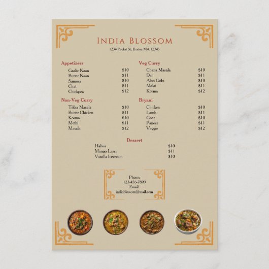 Menu plat à bordure dorée pour restaurant indien m (Devant)