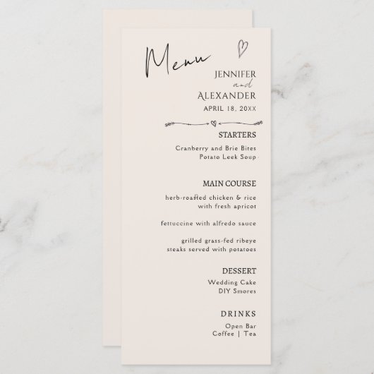 Menu plat Calligraphie moderne minimaliste, mariag (Devant / Derrière)