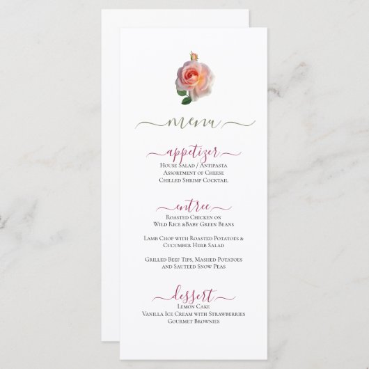 Menu plat Classé Minimal Rose Design (Devant / Derrière)