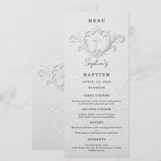 Menu plat de baptême floral embossé faux (Devant / Derrière)