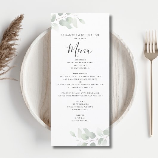 Menu plat de mariage à l'aquarelle de verdure d'Eu