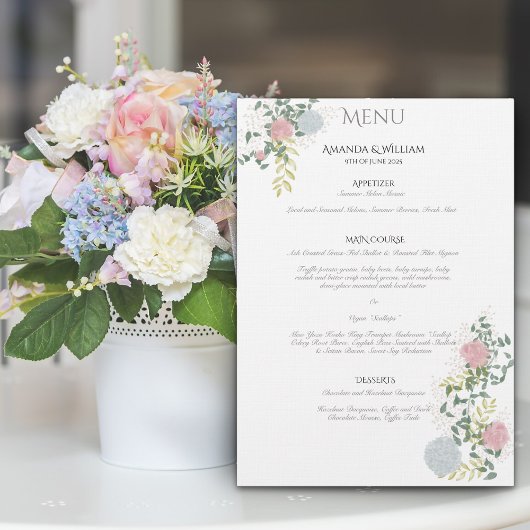 Menu plat de mariage à l'aquarelle florale fine