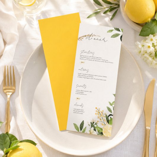 Menu Plat de Mariage au Citron à l'Aquarelle