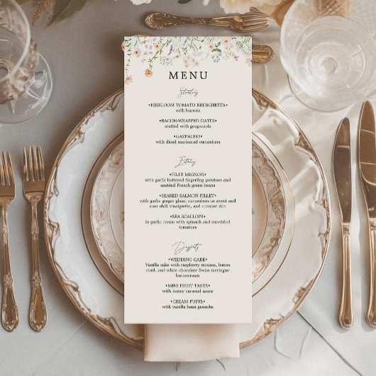 Menu plat de mariage aux fleurs sauvages rustique