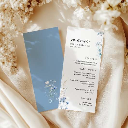 Menu Plat de Mariage Monogramme Fleurs Sauvages Bl