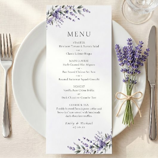 Menu Plat de Mariage Rustique au Lavande Violet