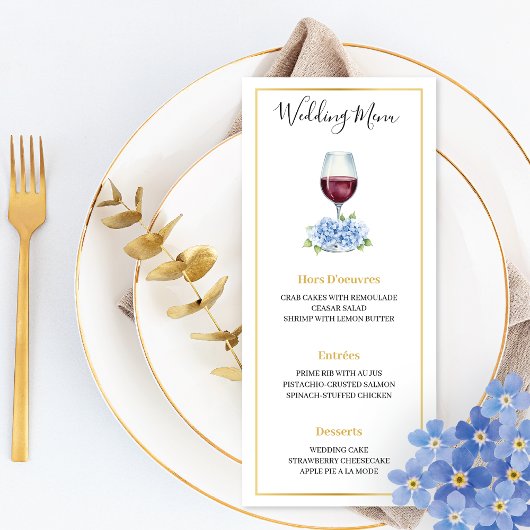 Menu Plat de Mariage Verre à Vin Hydrangeas Bleus