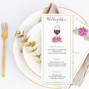 Menu Plat de Mariage Verre à Vin Hydrangeas Roses