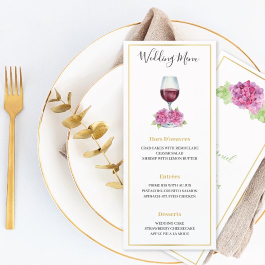 Menu Plat de Mariage Verre à Vin Hydrangeas Roses
