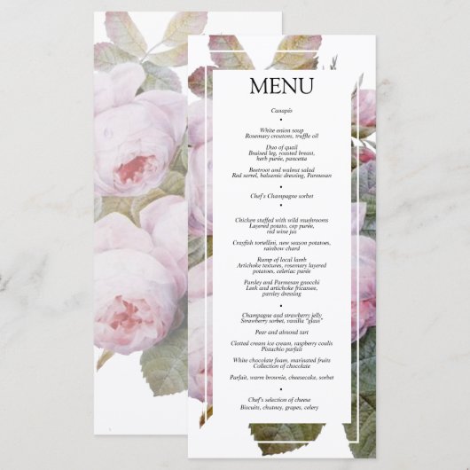 Menu Plat de Réception de Mariage aux Roses França (Devant / Derrière)
