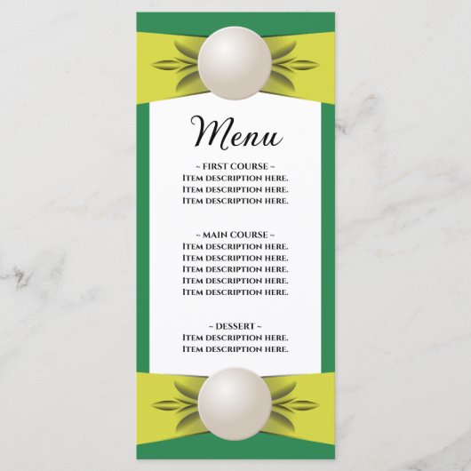 Menu plat Emerald & Yellow Pearl Ribbon Mariage (Devant)