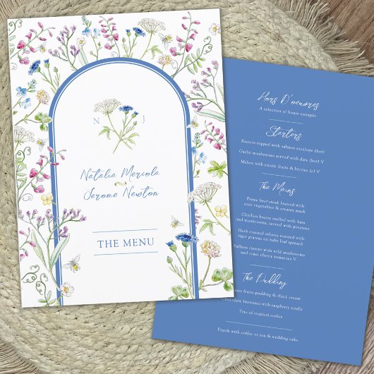 Menu plat mariage aquarelle fleurs sauvages bleu