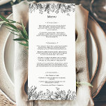 Menu Plat Mariage blanc et noir<br><div class="desc">Cette décoration à la carte Mariage blanche et noire offre une combinaison classique de typographie minimaliste simple, d'un blanc et d'un noir neutres et d'un décor de verdure chic. Les ornements en silhouette de feuille moody sont astucieusement arrangés pour créer une belle forme fluide qui démarre les éléments géométriques polies,...</div>