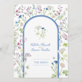 Menu plat mariage bleu fleur sauvage aquarelle (Devant)
