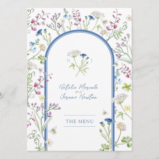 Menu plat mariage bleu fleur sauvage aquarelle (Devant)
